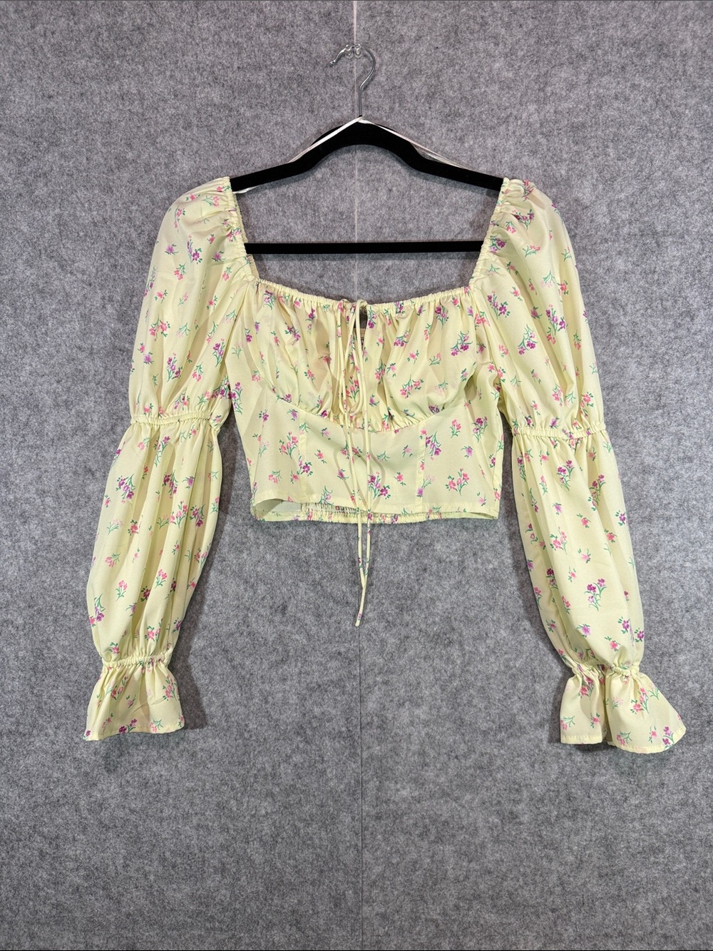Milk & Honey Crop Top - Womens S - Yellow Floral Tie Front Puff Sleeves Feminine